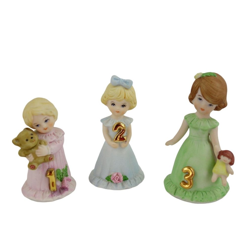Enesco Growing Up Birthday Girls Set of 3 Age 1 thru 3 Ceramic Figurines